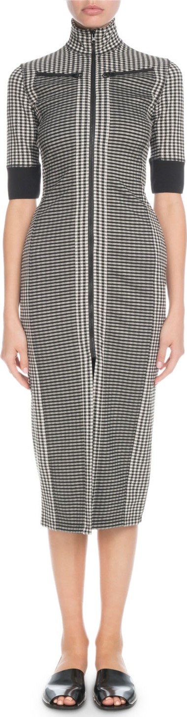 Proenza Schouler PSWL Fitted Check 3/4-Sleeve Zip-front Dress