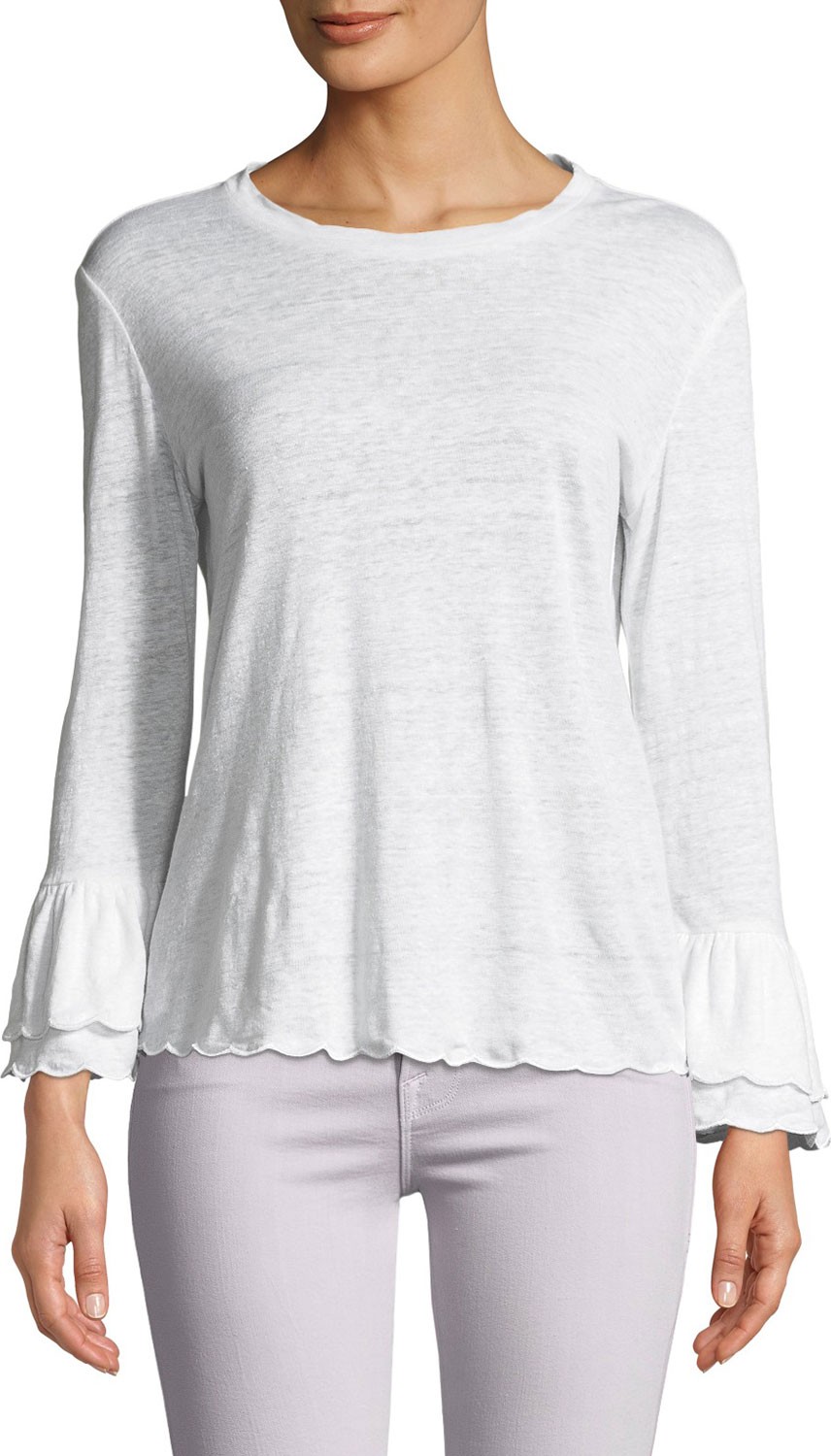 FRAME DENIM Scalloped Bell-Sleeve Linen Top