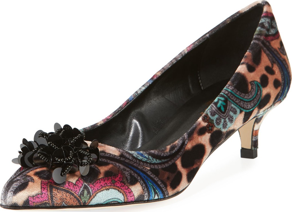 Sesto Meucci Belia Kitten-Heel Velvet Ornament Pumps