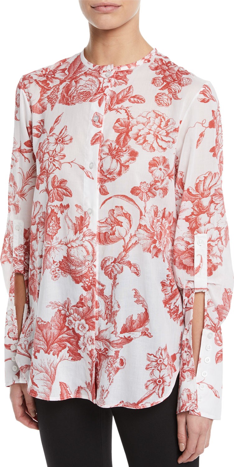 Oscar De La Renta Long-Sleeve Toile-Print Cotton Blouse