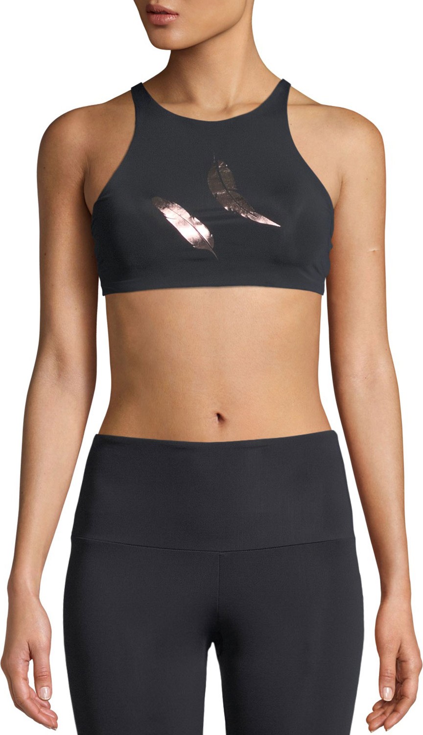 ONZIE High-Neck Foil Feather Strappy Sports Bra ONZIE High-Neck Foil Feather Strappy Sports Bra