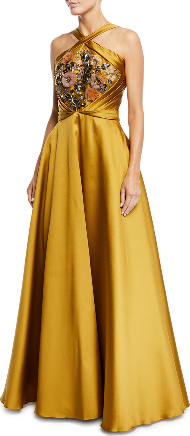 Marchesa Notte Crisscross Halter Beaded Ball Gown