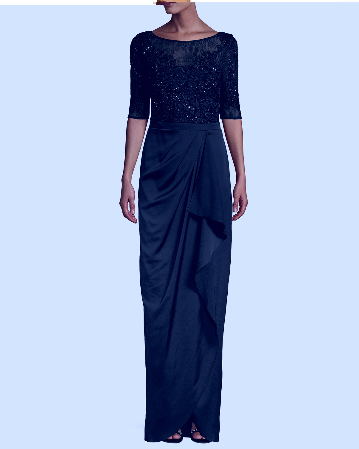 Aidan Mattox Beaded Column Gown w/ Draped Skirt