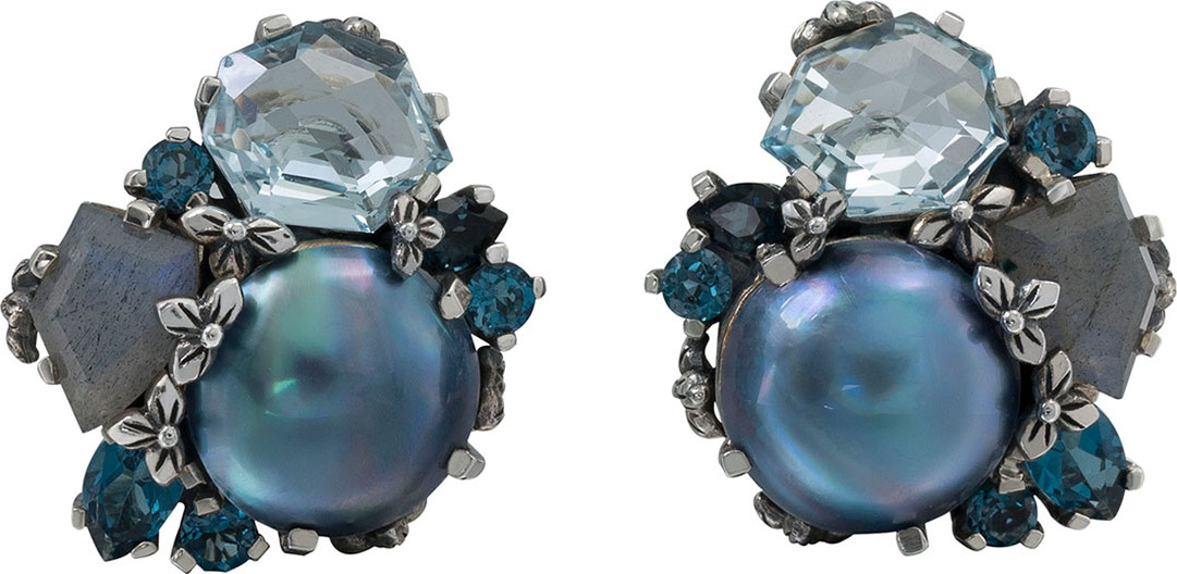 Stephen Dweck Cluster Pearl & Stone Silver Earrings, Blue