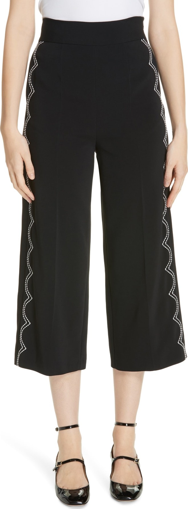 RED Valentino Scalloped Contrast Stitch Crop Wide Leg Pants RED Valentino Scalloped Contrast Stitch Crop Wide Leg Pants