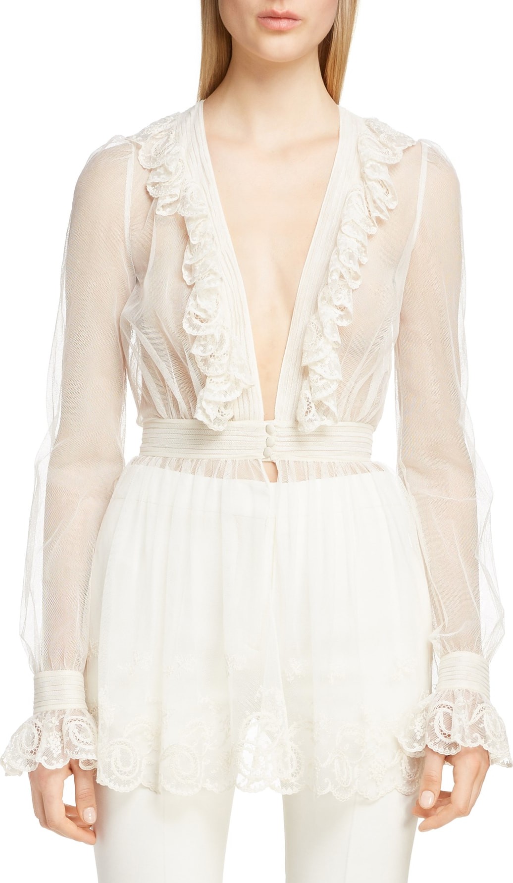 Alexander McQueen Lace Ruffle Sheer Peplum Blouse