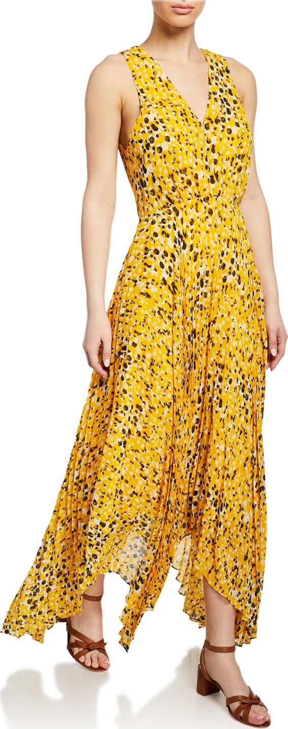 Derek Lam 10 Crosby Sleeveless V-Neck Printed Dress w/ Pleated Skirt