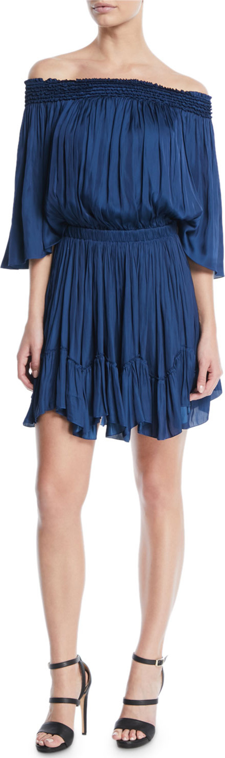 HALSTON HERITAGE Smocked Off-the-Shoulder Mini Dress
