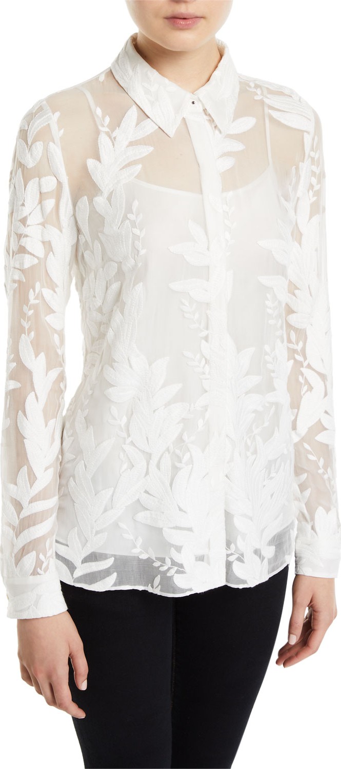 Elie Tahari Gwen Button-Front Leaf Embroidered Silk Blouse