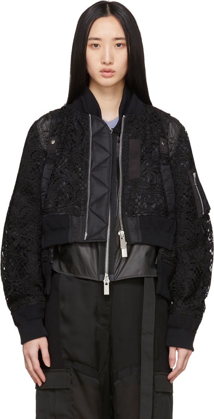 Sacai Black Embroidered Lace Bomber Jacket
