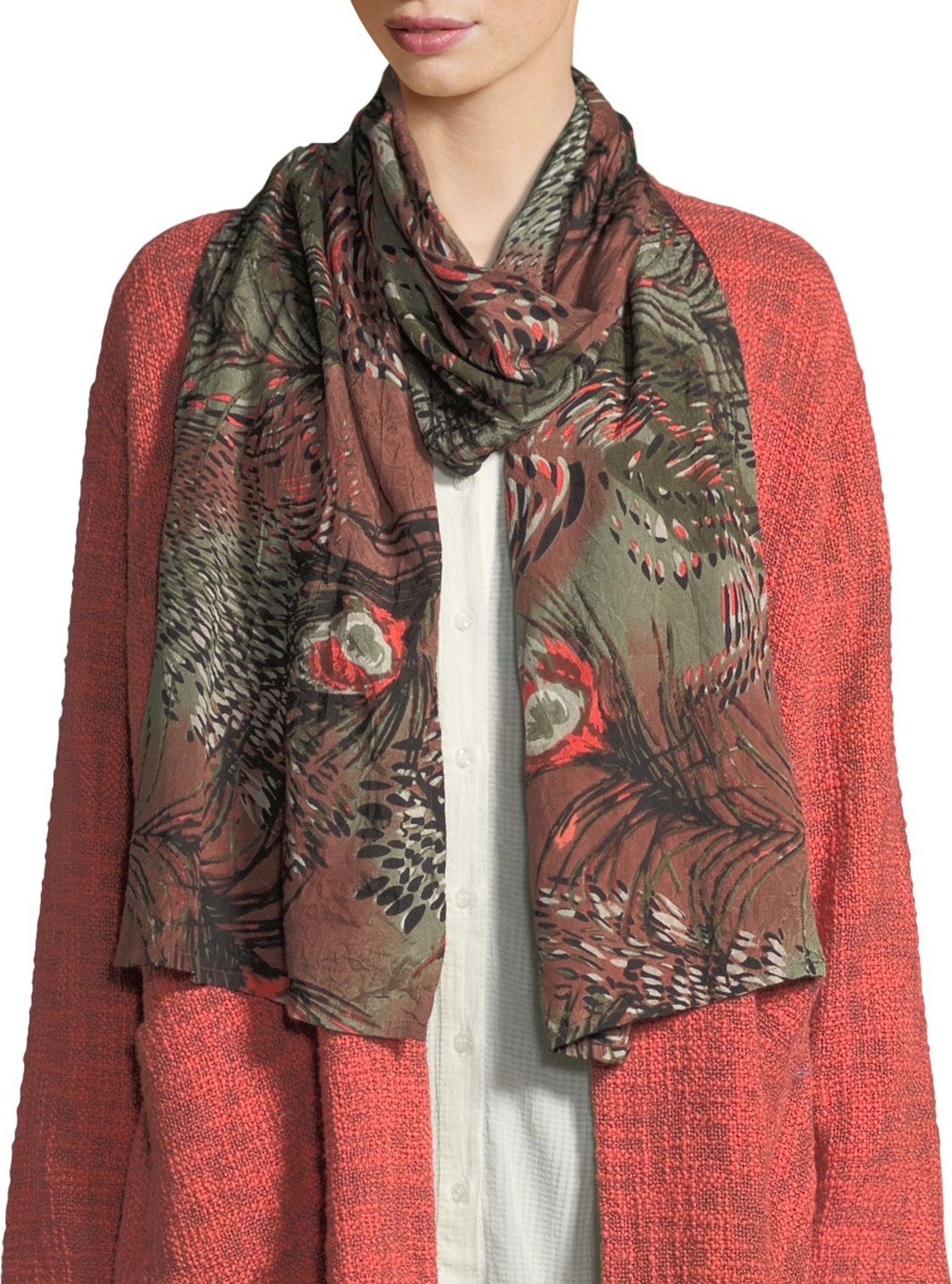 Masai Peacock-Print Shantung Scarf
