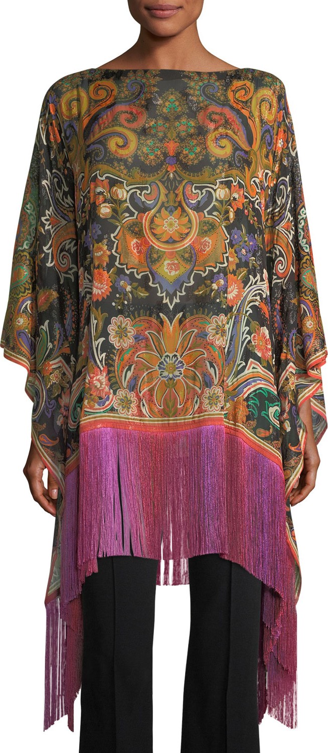 Etro Long-Fringe Paisley Poncho