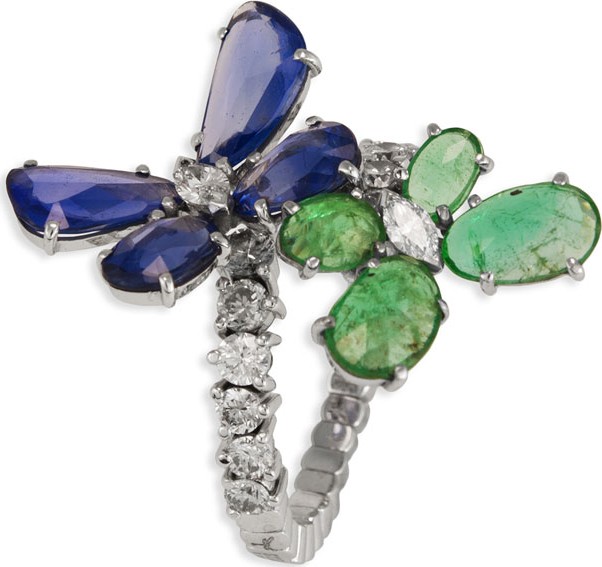 Staurino Fratelli 18k White Gold Diamond, Emerald & Sapphire Nature Ring