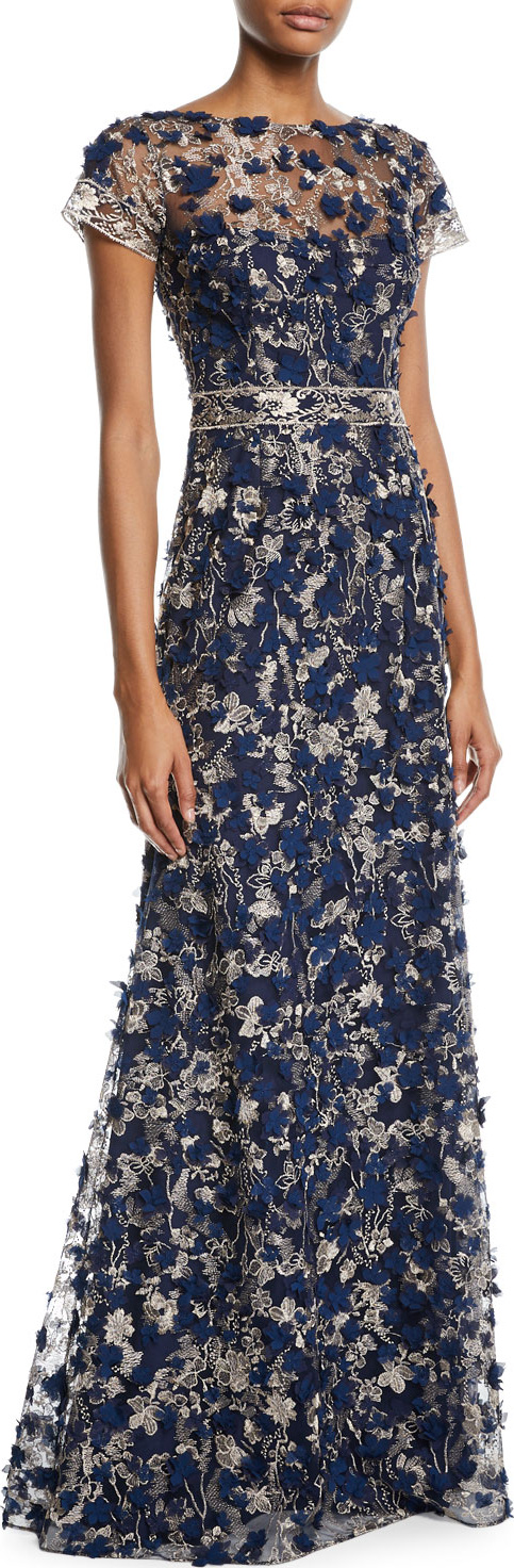 David Meister Short-Sleeve 3D Floral Embroidered Gown
