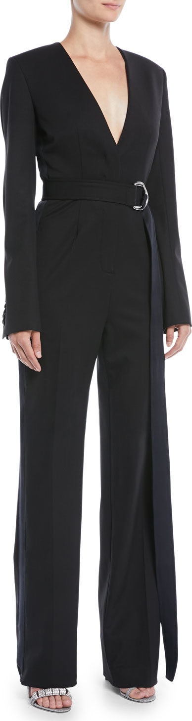 Calvin Klein 205W39NYC Long-Sleeve V-Neck Belted Jumpsuit