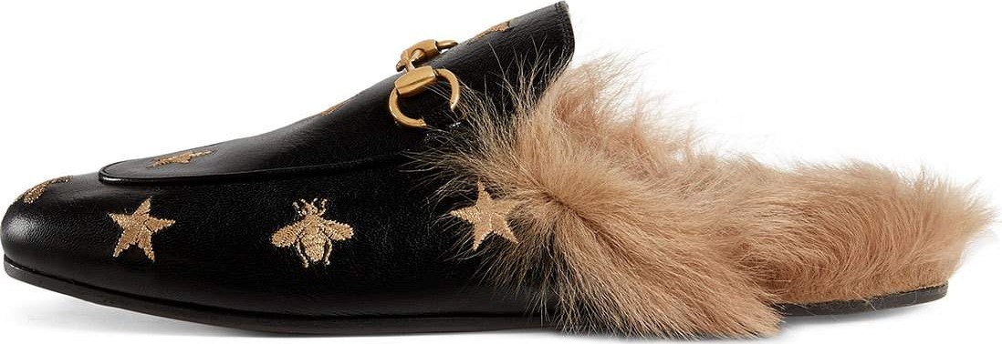 Gucci Princetown Embroidered Leather Mule With Fur