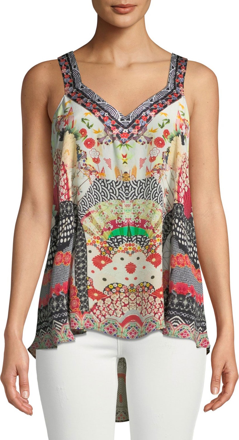Camilla Embellished Silk Printed V-Neck Top