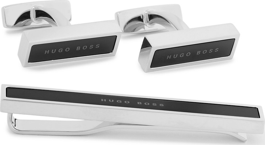 HUGO BOSS Silver-Tone and Enamel Cufflinks and Tie Clip Set