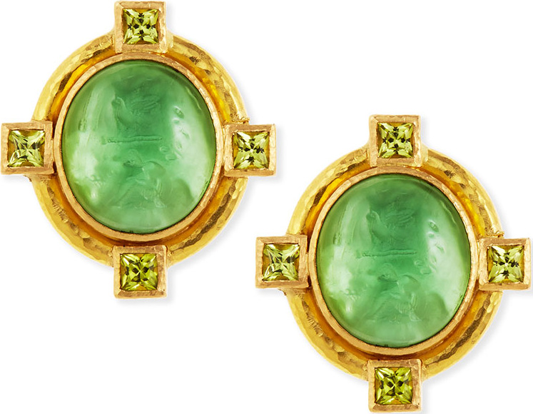 Elizabeth Locke Cab Boy & Bird Intaglio Clip/Post Earrings, Green