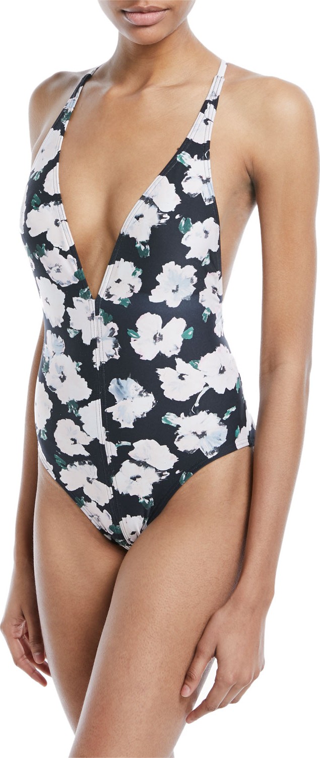 Proenza Schouler Floral-Print Plunge One-Piece Swimsuit w/ Crisscross Back