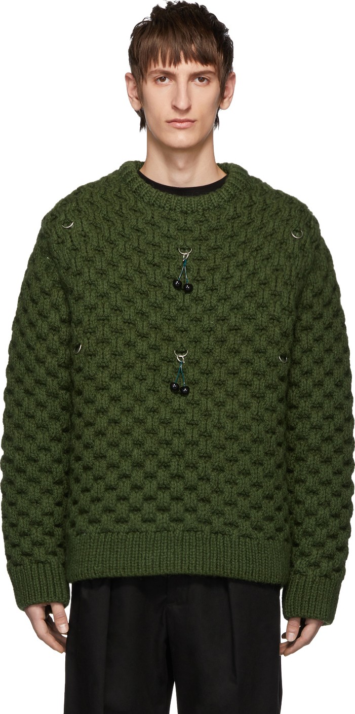 Raf Simons Khaki Wool Bulky Cherry Sweater