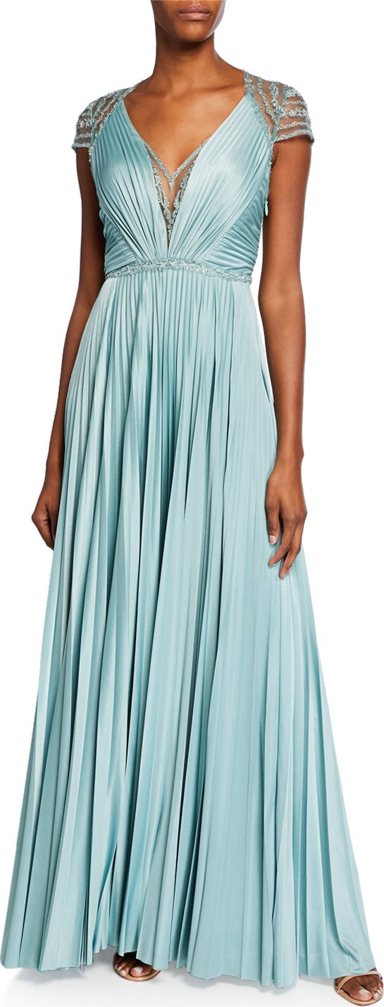 Catherine Deane Mary V-Neck Cap-Sleeve Pleated Jersey Gown w/ Beaded Embroidery