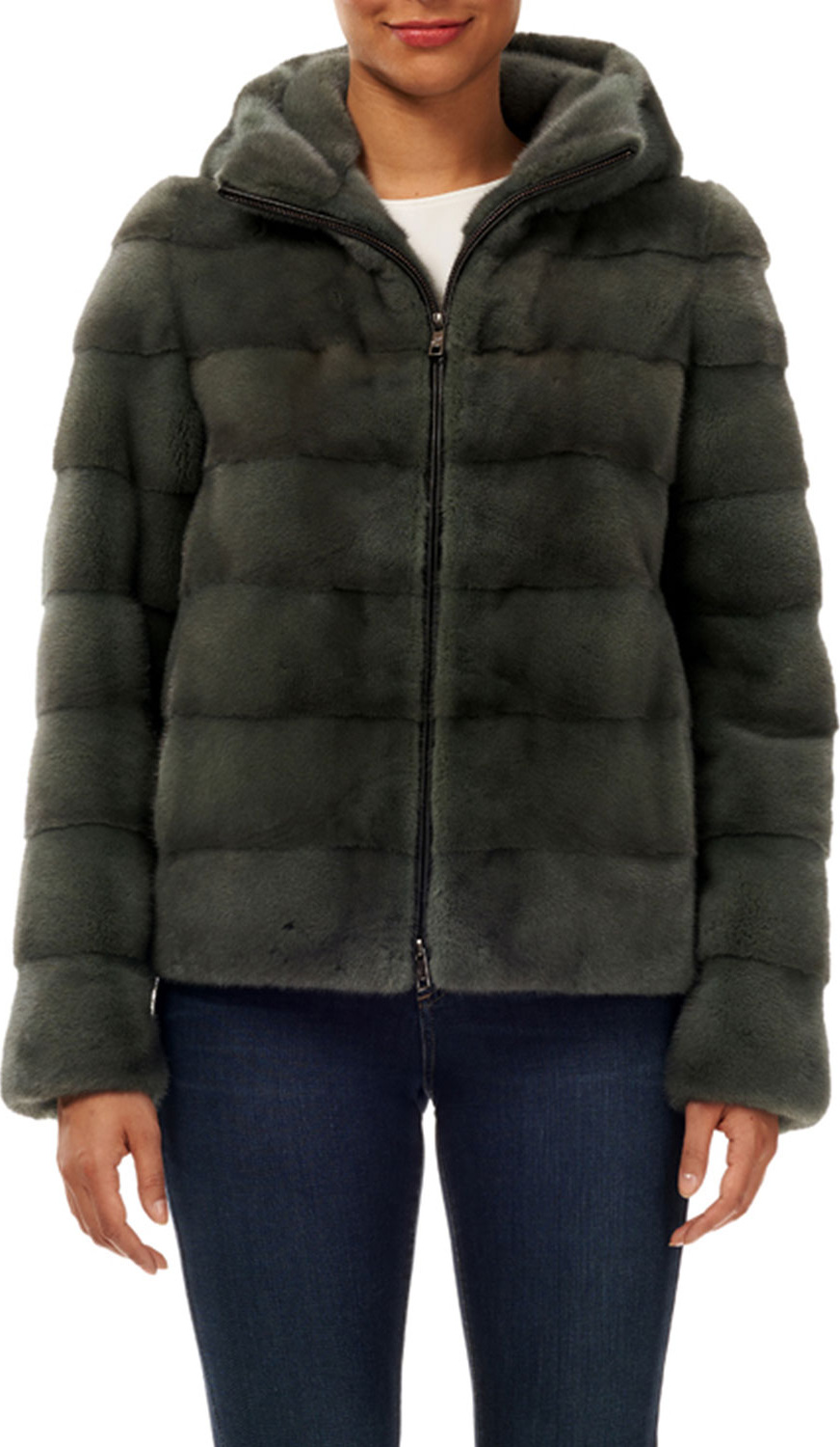 Gorski Horizontal Mink Fur Zip-Front Jacket w/ Hood