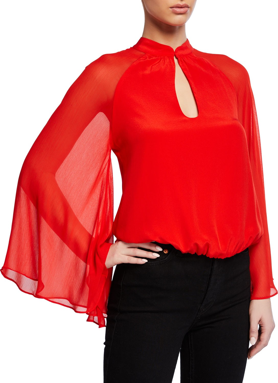 Alice + Olivia Prija Mandarin Collar Flared-Sleeve Cropped Blouse