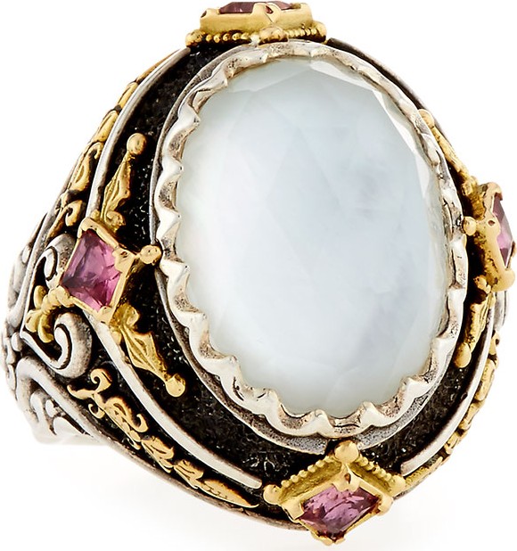 Konstantino North-South Mother-of-Pearl Ring with Pink Crystal Quartz Over Sapphire & Tourmaline