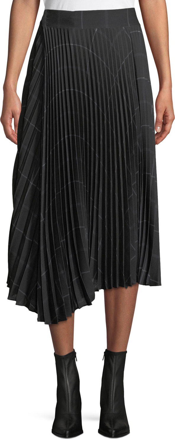 Vince Pleated Draped Plaid Midi Skirt