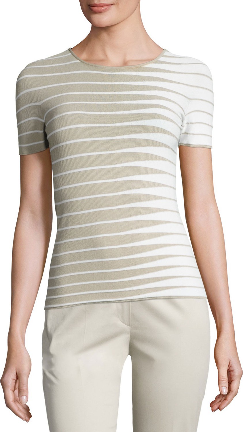 Armani Collezioni Alternating-Stripe Short-Sleeve Sweater, Beige/Multi