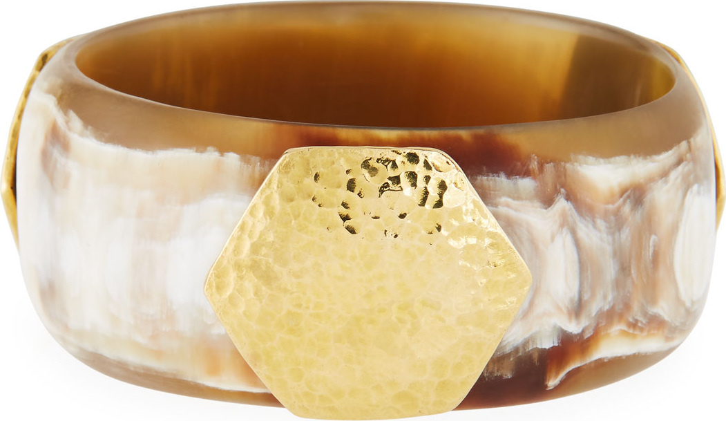 Ashley Pittman Horn Bangle Bracelet w/ Hammered Logo Plate
