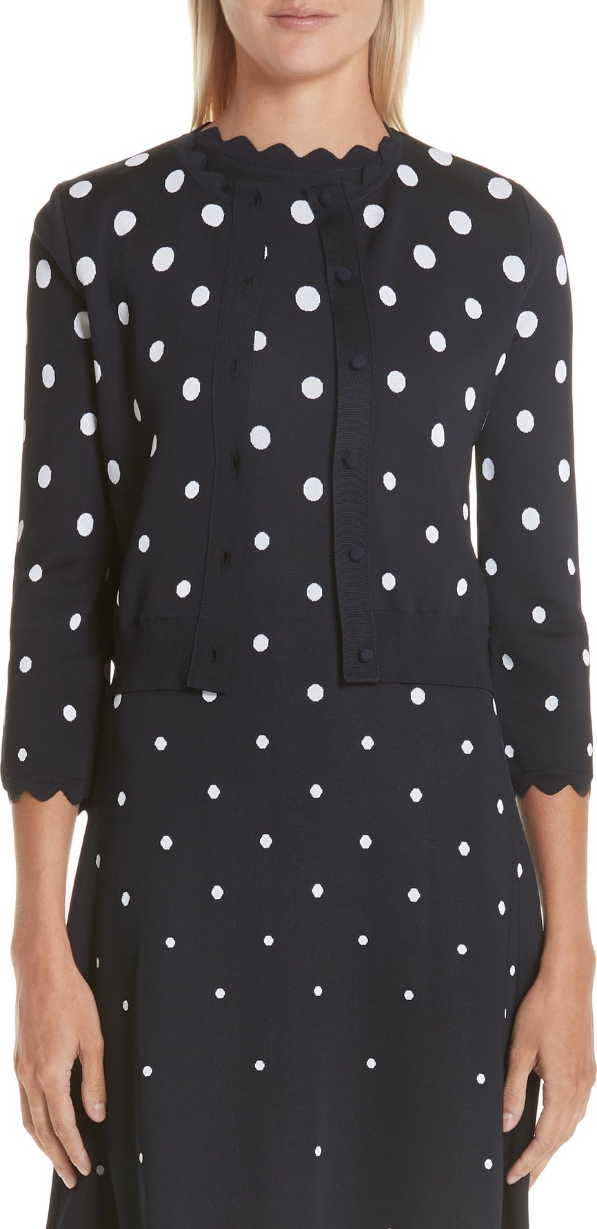 Oscar De La Renta Scallop Edge Polka Dot Cardigan