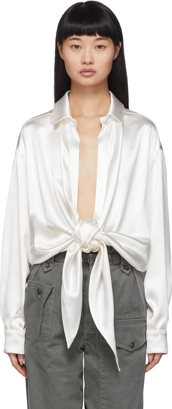 Saint Laurent Off-White Silk Satin Tie-Up Blouse