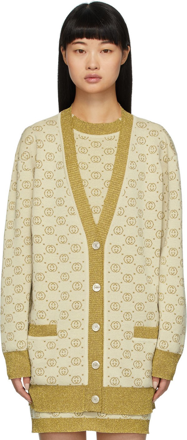 Gucci Gold & Beige Lurex Interlocking G Cardigan