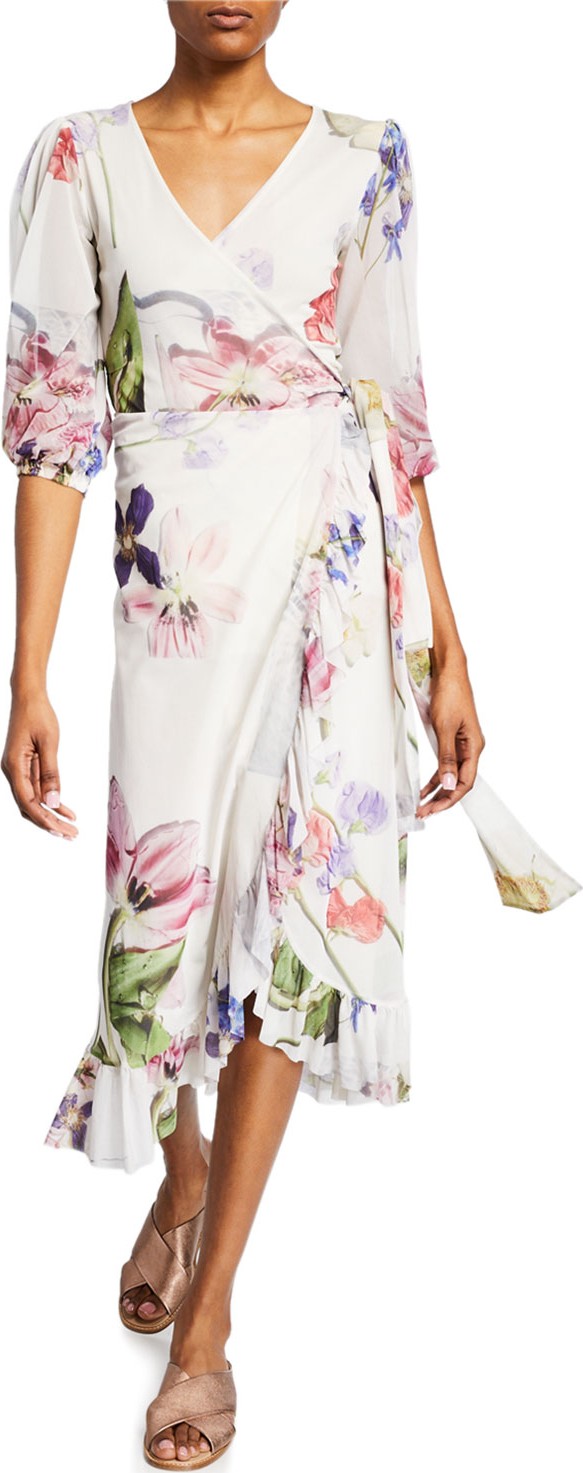 Ganni Floral-Print Ruffle Half-Sleeve Wrap Dress