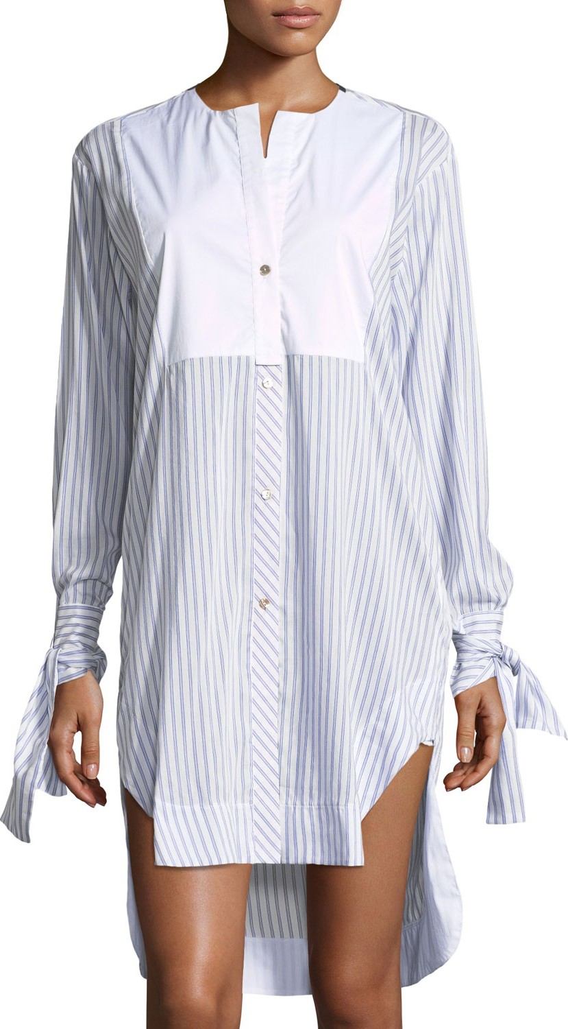 LILA.EUGENIE Mascia Button-Front Striped Poplin Shirtdress with Crochet Heart