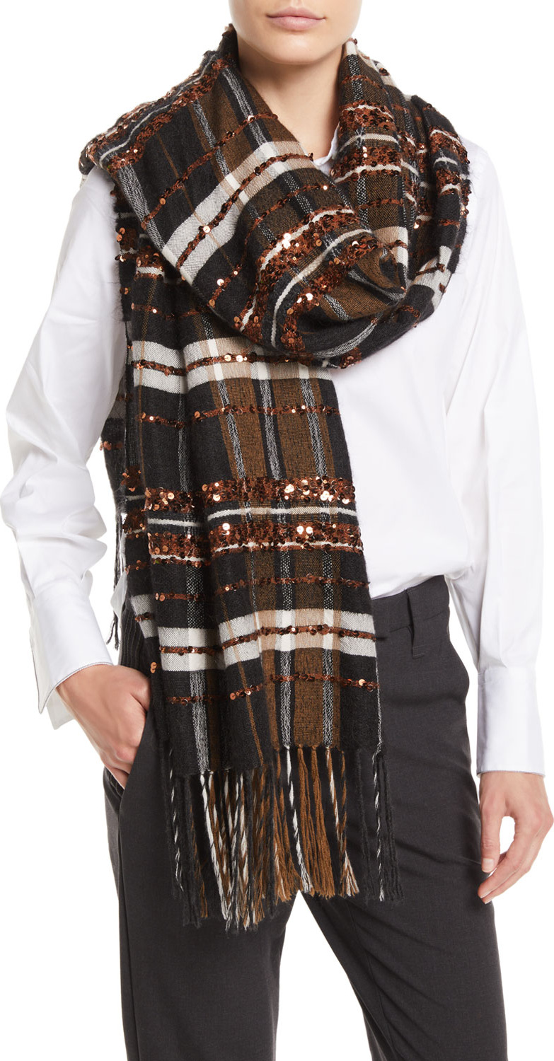 Brunello Cucinelli Mohair-Alpaca Plaid Blanket Scarf w/ Paillettes