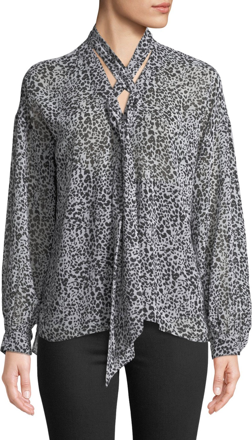 Bailey 44 Snake Eyes Animal-Print Chiffon Tie-Neck Blouse