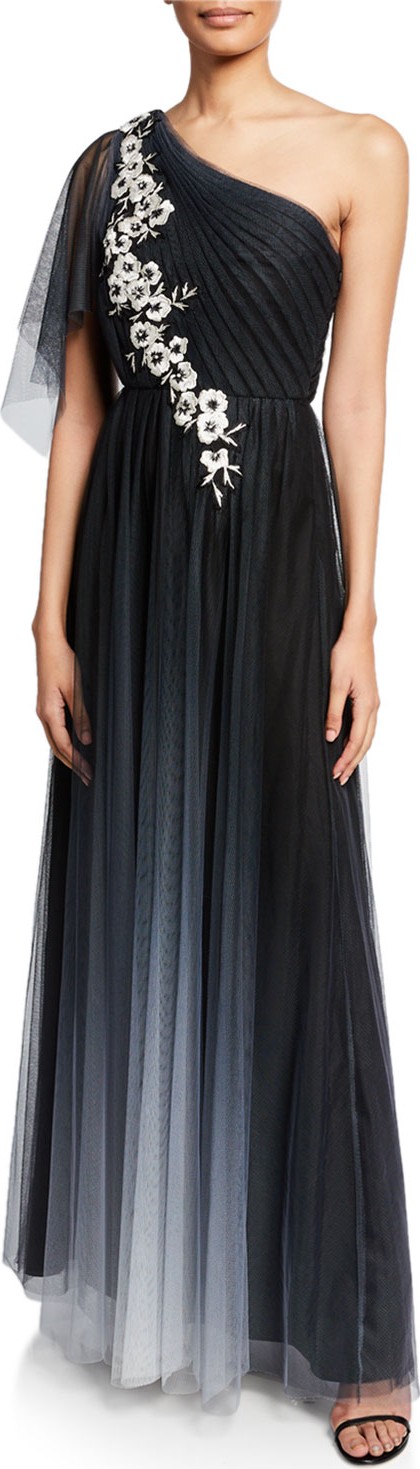 Marchesa Notte Ombre One-Shoulder Flutter-Sleeve Tulle Gown w/ Floral-Embroidered Appliques