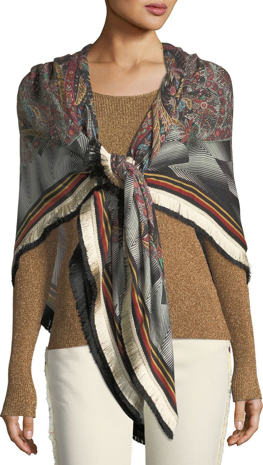 Etro Bombay Wool-Silk Shawl w/ Fringe Border