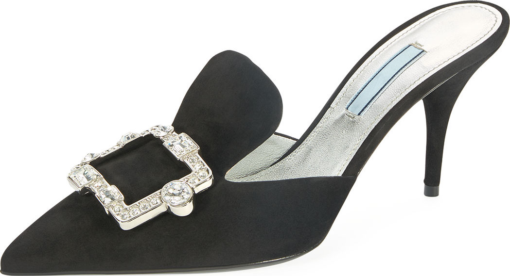 Prada Point-Toe Crystal-Buckle Mule Pump