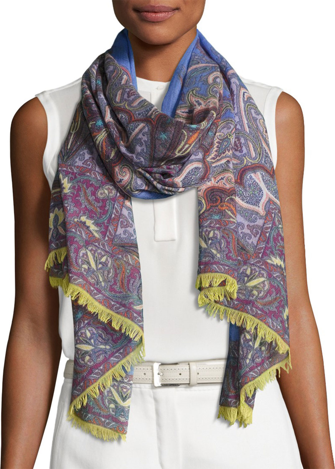 Etro Lightweight Paisley Wool-Blend Scarf, Purple/Blue