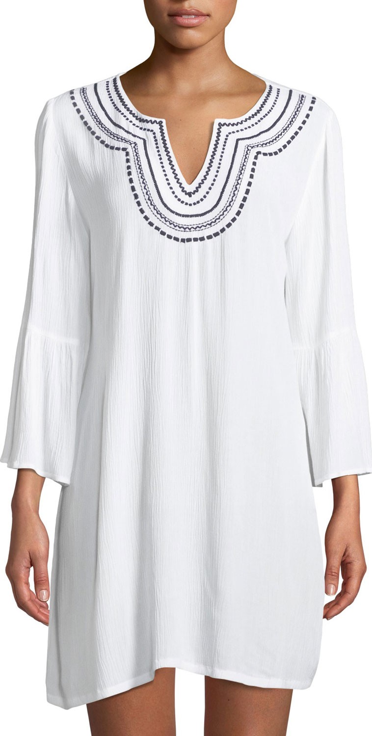 Tommy Bahama Embroidered Bell-Sleeve Tunic Coverup