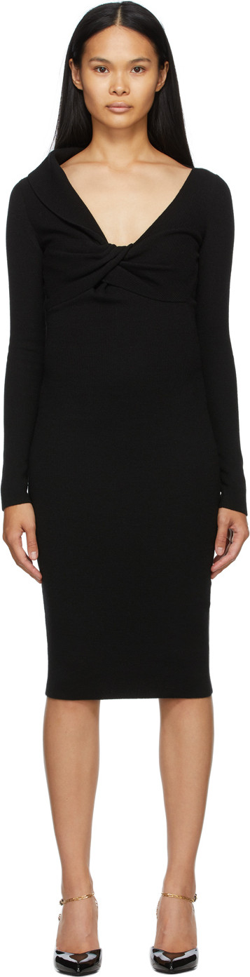 Alexander McQueen - Black Wool Twisted V-Neck Dress