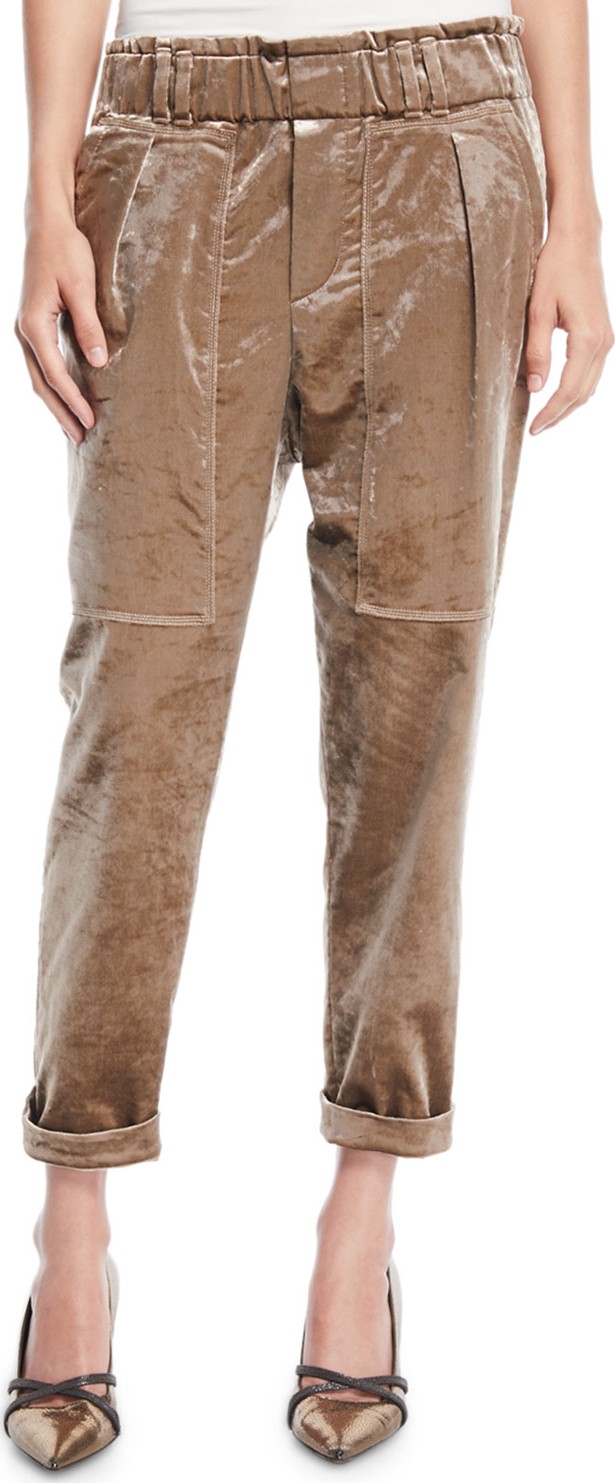 Brunello Cucinelli Velvet Straight-Leg Pull-On Utility Pants