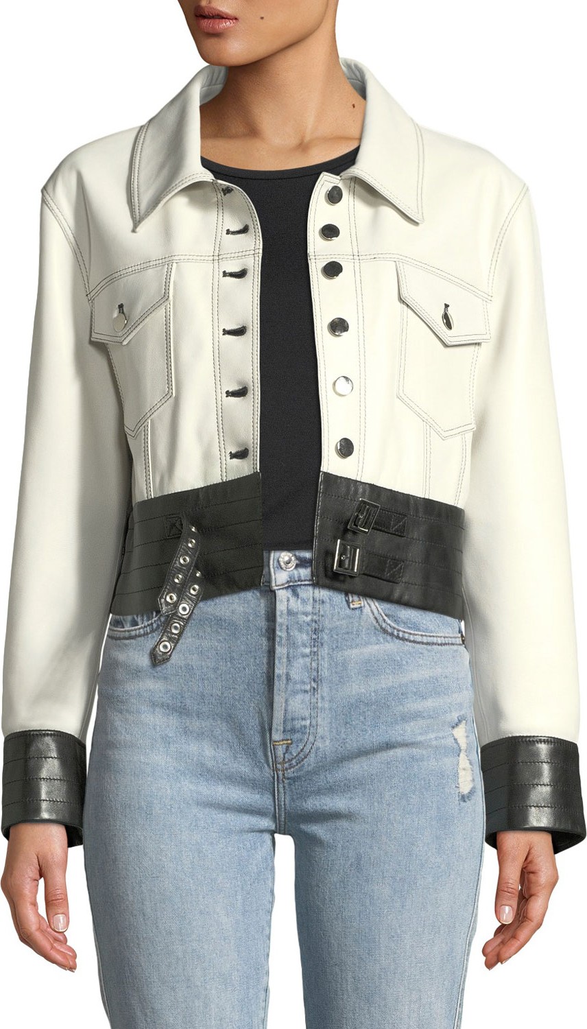Nour Hammour Button-Front Leather Moto Jacket with Buckle-Hem