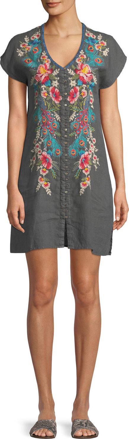 Johnny Was Vernazza Embroidered Linen Tunic Dress