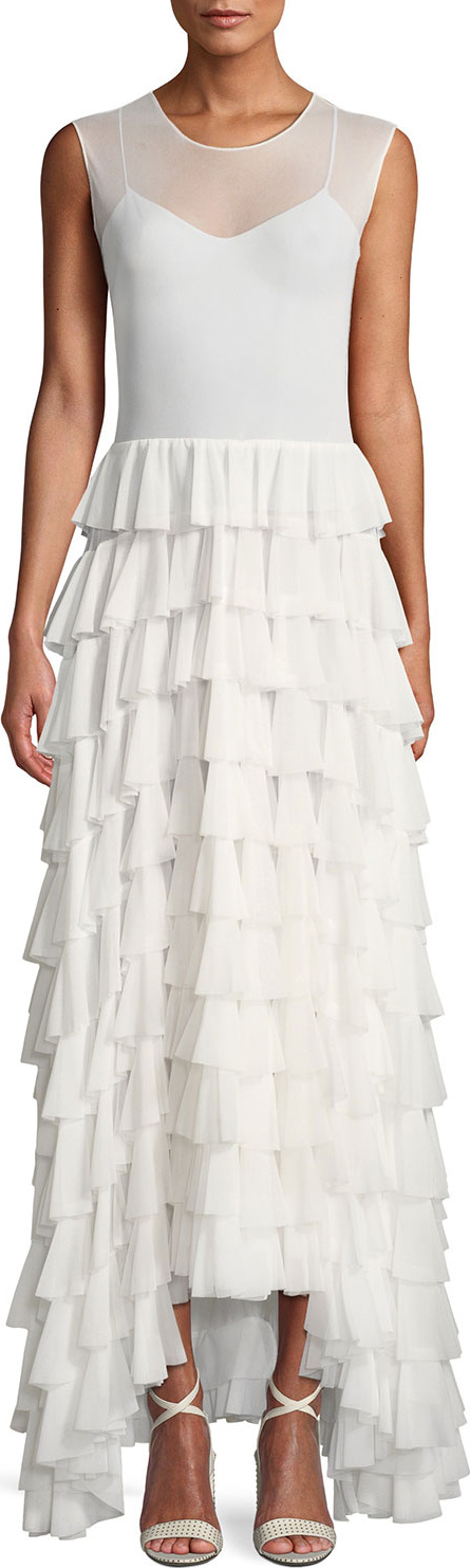 Norma Kamali Sleeveless Flared Stretch Ruffle Long Dress