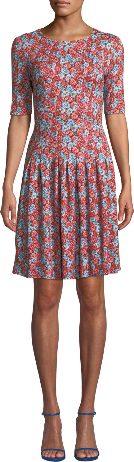 Escada Elbow-Sleeve Fit-and-Flare Floral-Print Jersey Dress